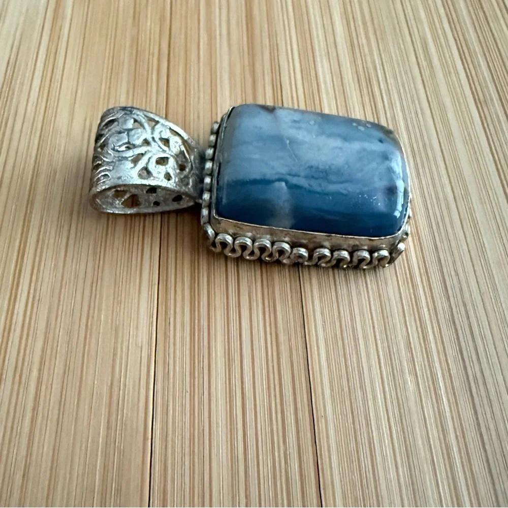 Sterling Silver Blue Agate Natural Stone Necklace Pendant - Picture 9 of 12
